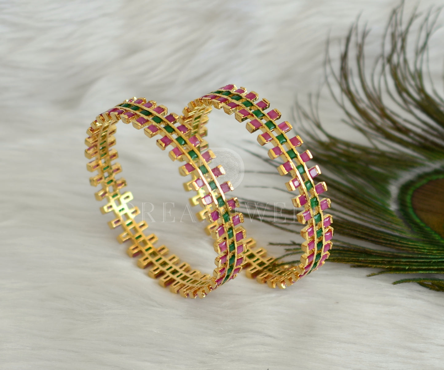 Gold tone ruby-emerald square stone bangles (2.6) dj-04776