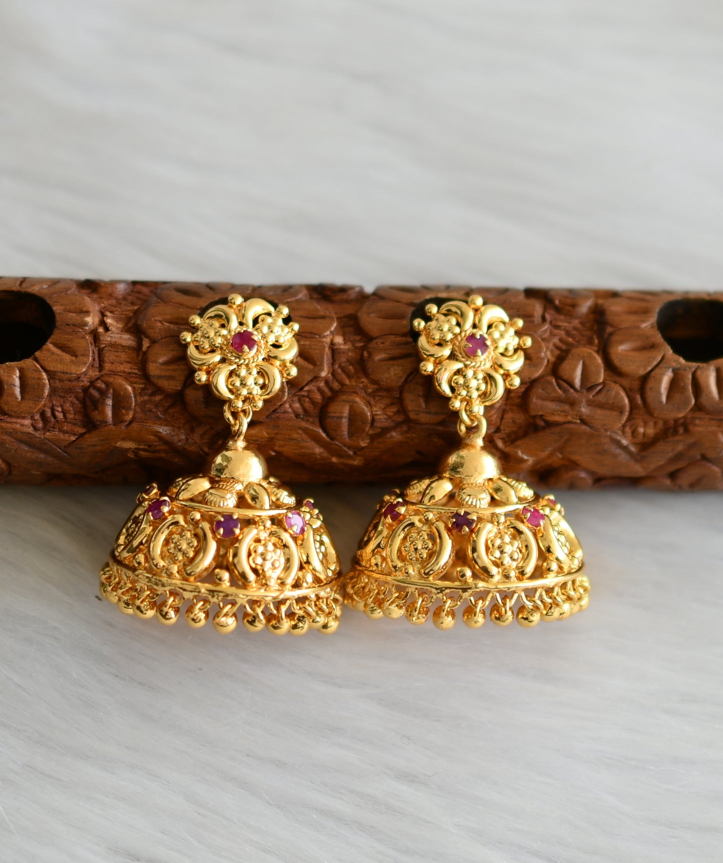 Gold tone pink stone Kerala style jhumkka dj-41777