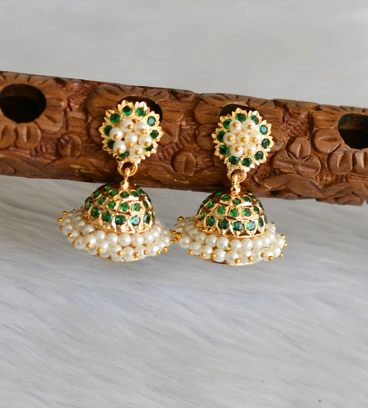 Gold tone green stone pearl cluster south Indian style jhumkka dj-41762