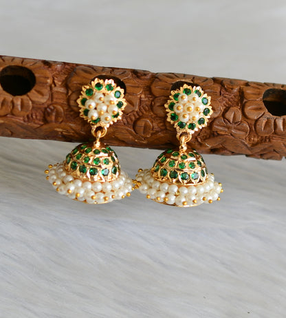 Gold tone green stone pearl cluster south Indian style jhumkka dj-41762