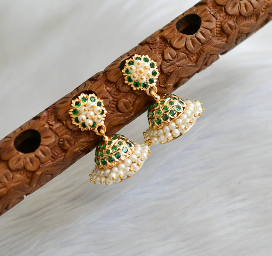 Gold tone green stone pearl cluster south Indian style jhumkka dj-41762