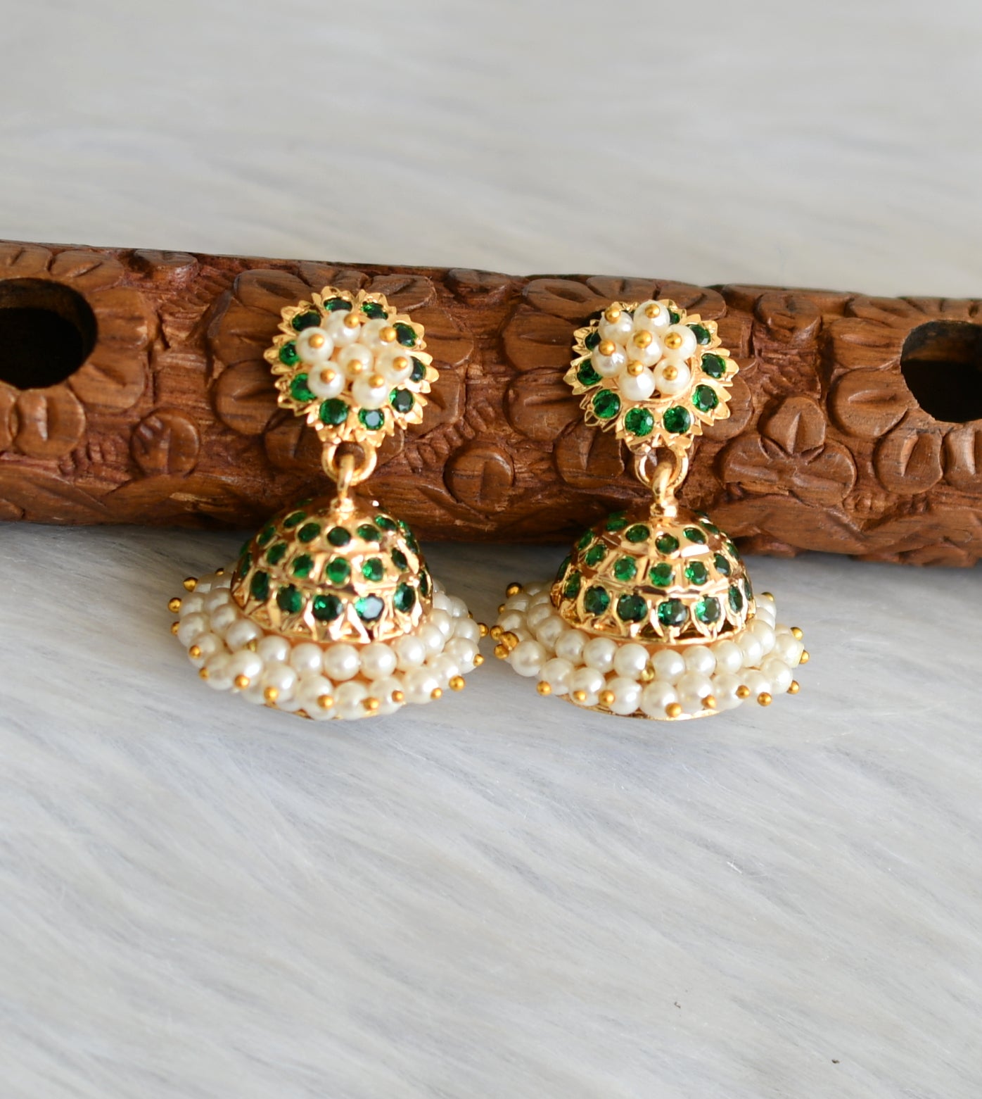 Gold tone green stone pearl cluster south Indian style jhumkka dj-41762