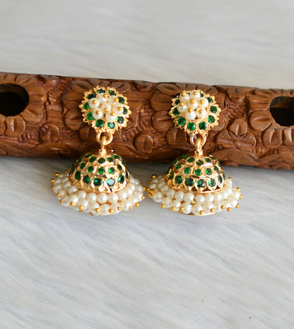 Gold tone green stone pearl cluster south Indian style jhumkka dj-41762