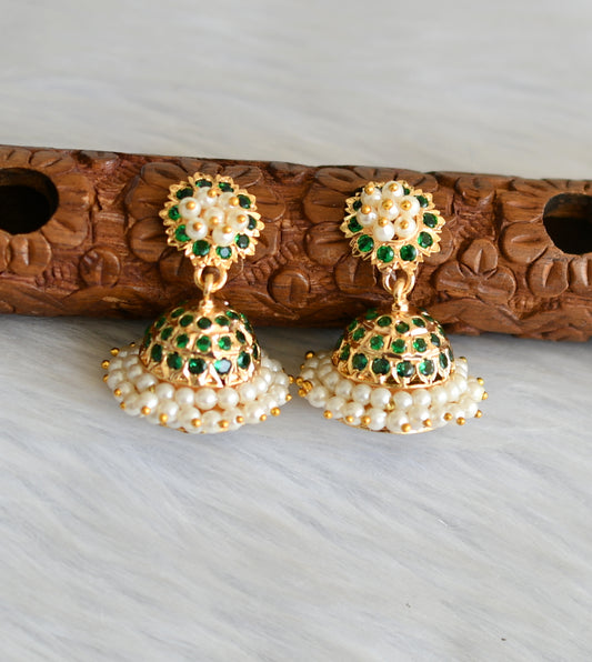 Gold tone green stone pearl cluster south Indian style jhumkka dj-41762