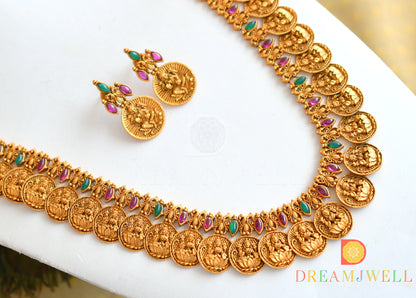 Matte finish kemp-green Lakshmi coin designer short haar set dj-21833