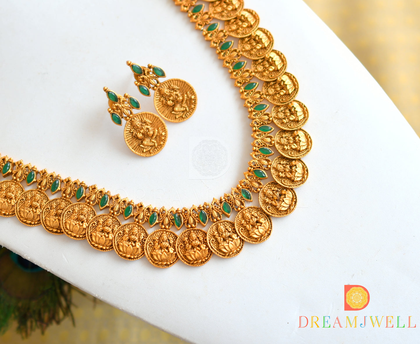 Matte finish green Lakshmi coin designer short haar set dj-21835