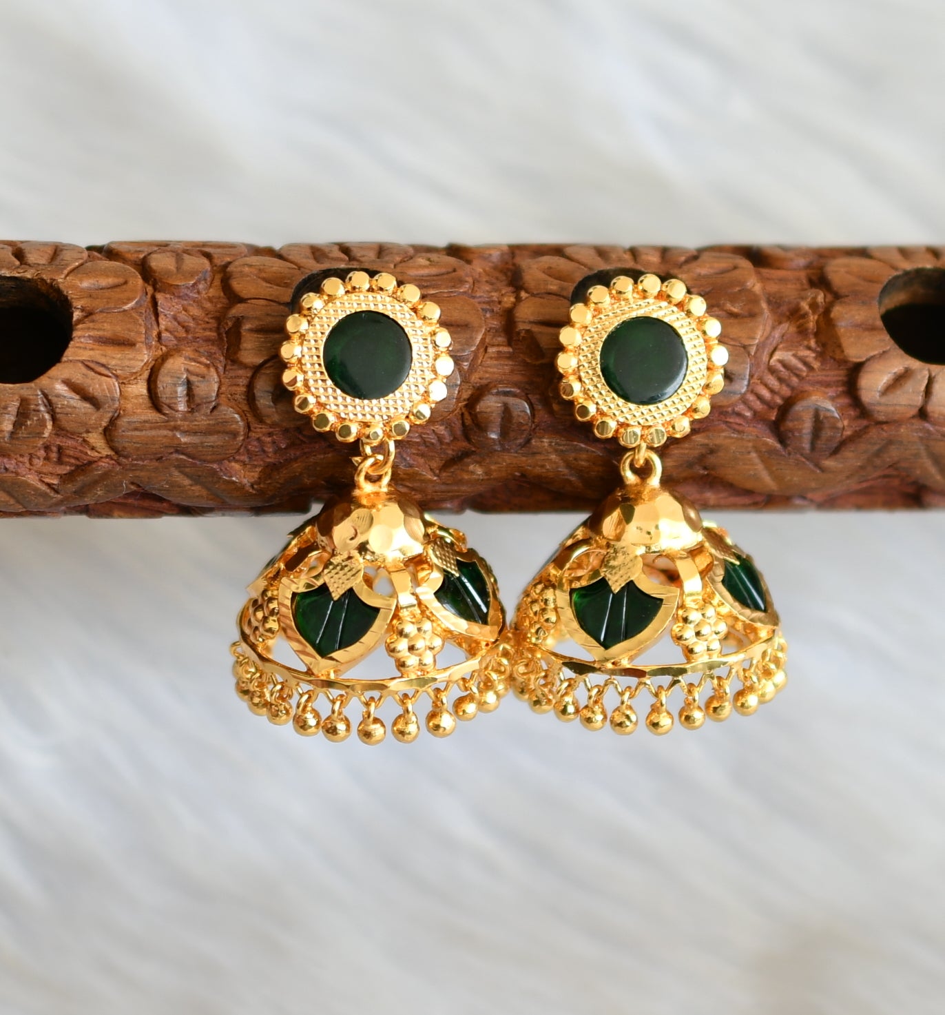 Gold tone 4 petals green round-palakka Kerala style jhumkka dj-41782