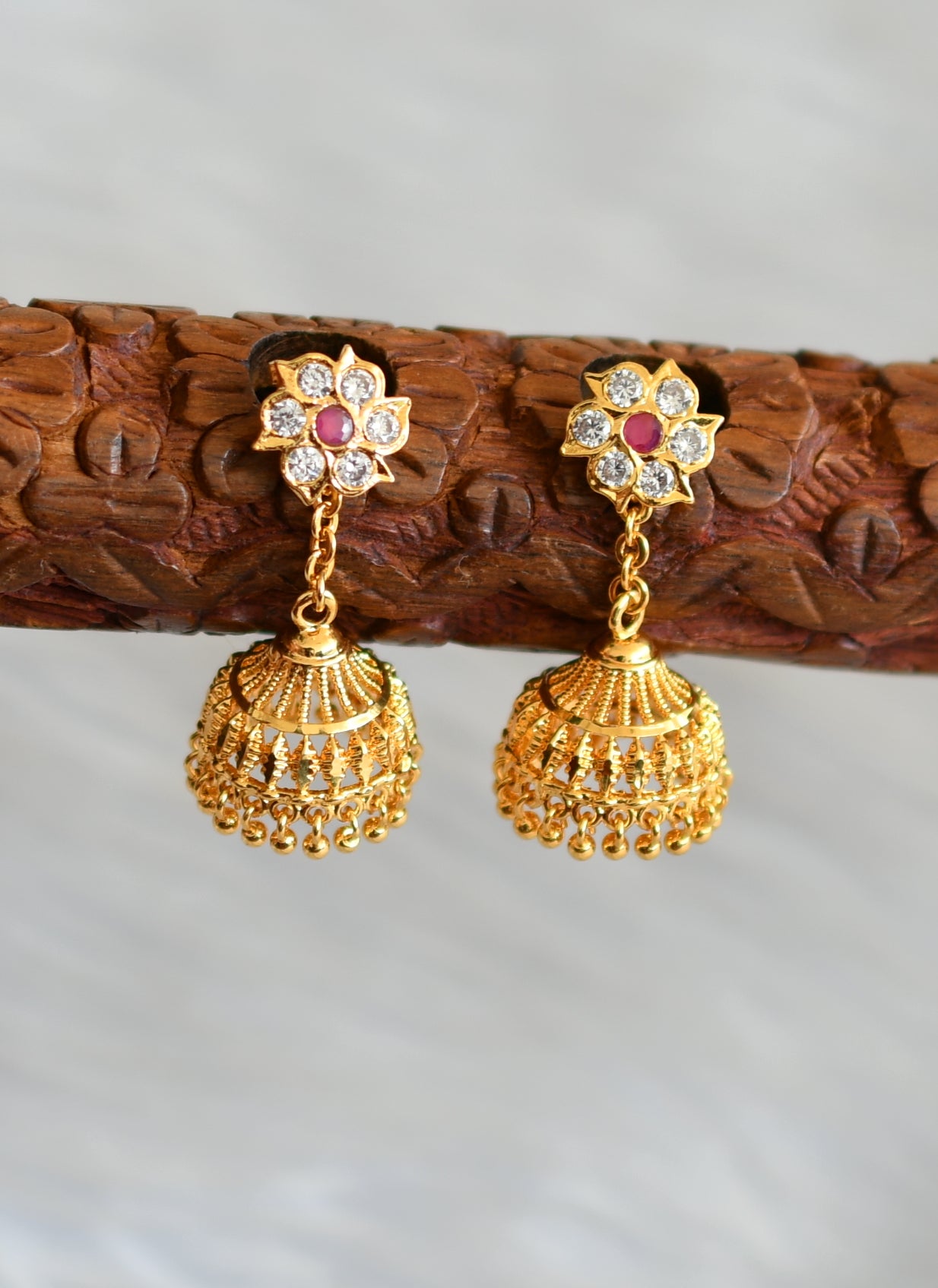 Gold tone ruby-white stone jhumkka dj-41759