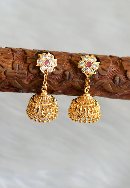 Gold tone ruby-white stone jhumkka dj-41759