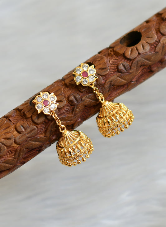 Gold tone ruby-white stone jhumkka dj-41759