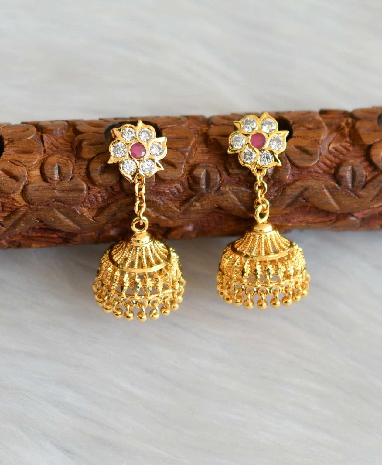 Gold tone ruby-white stone jhumkka dj-41759