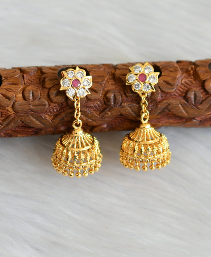 Gold tone ruby-white stone jhumkka dj-41759