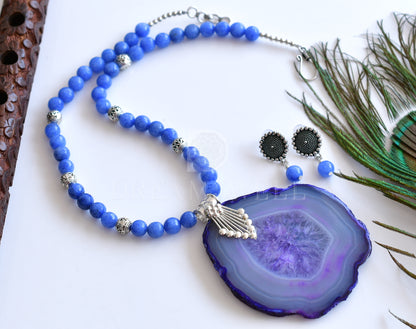 Silver tone blue onyx beads necklace set dj-35928