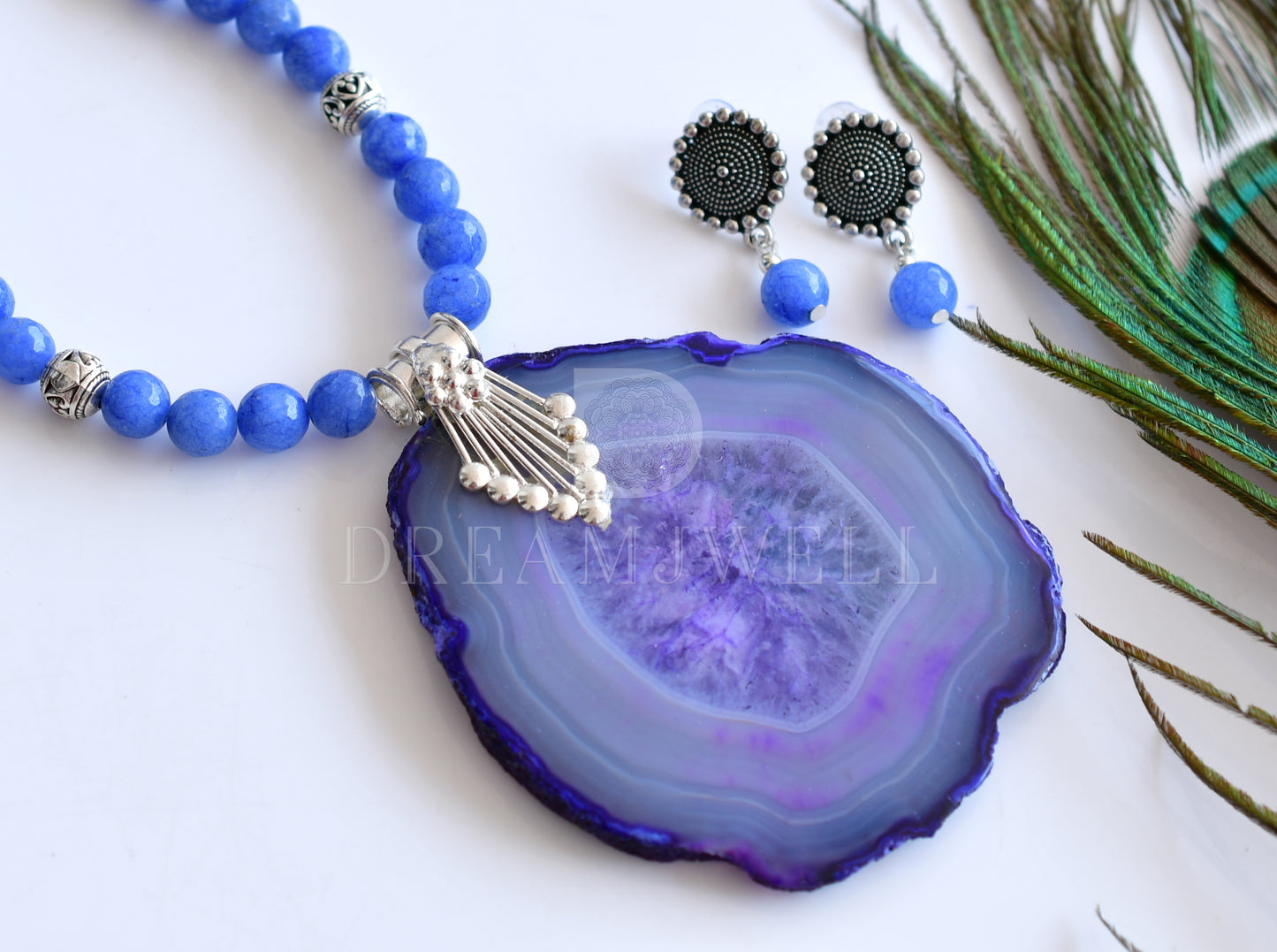 Silver tone blue onyx beads necklace set dj-35928
