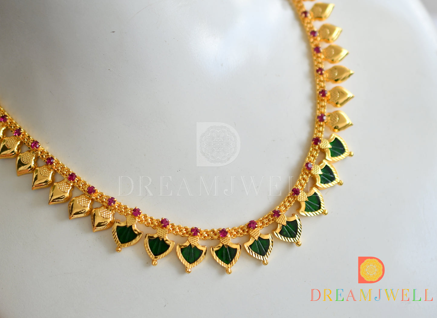 Gold tone pink-green palakka Kerala style necklace dj-38144