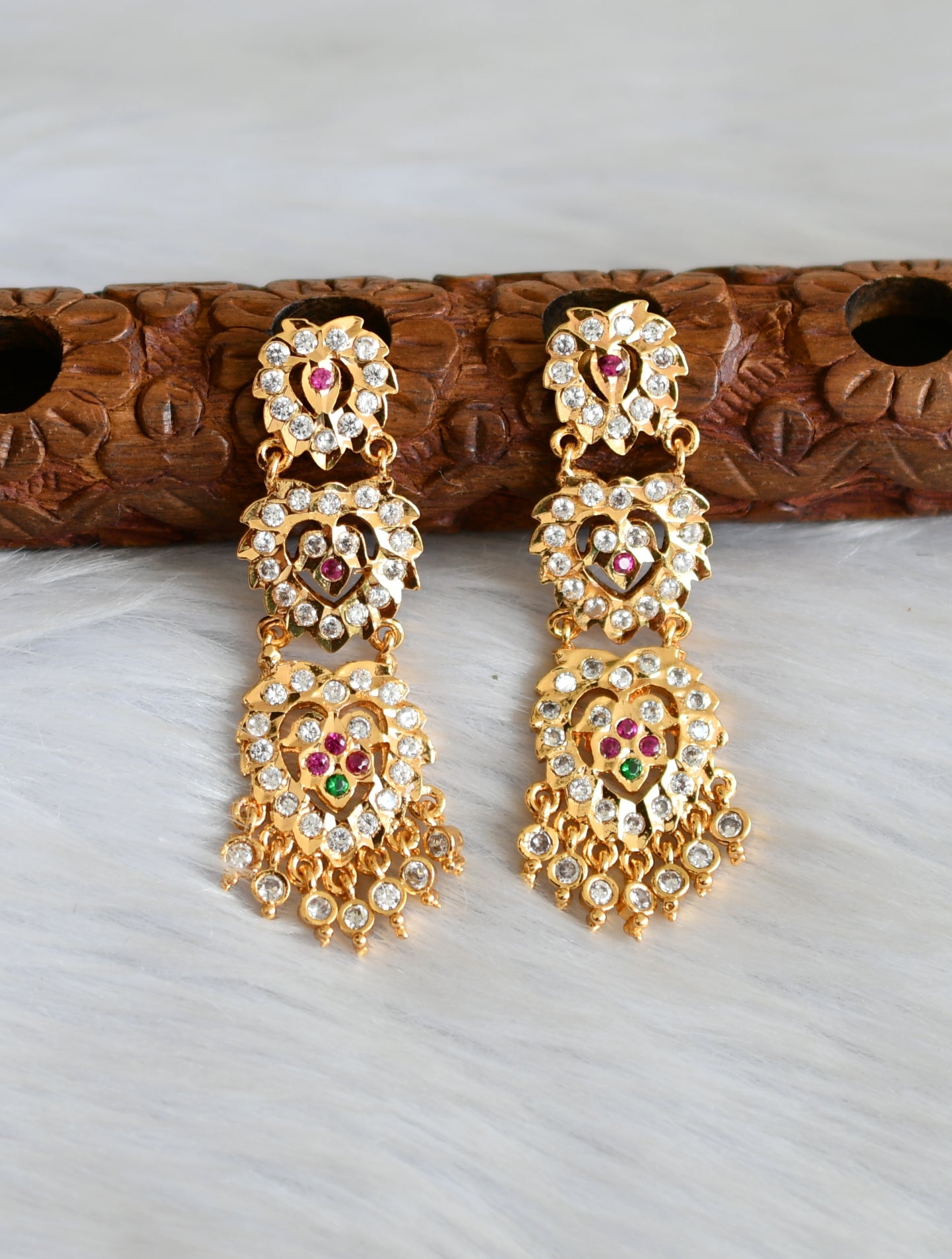 Gold tone white-pink-green stone south Indian style earrings dj-41758