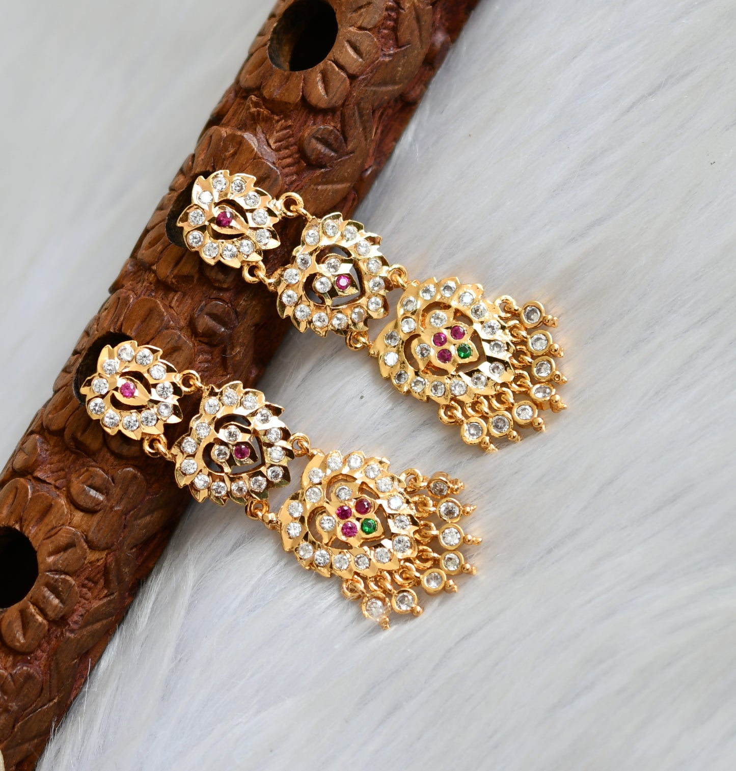 Gold tone white-pink-green stone south Indian style earrings dj-41758
