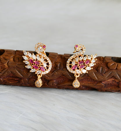 Gold tone cz ruby-white stone swan earrings dj-41752