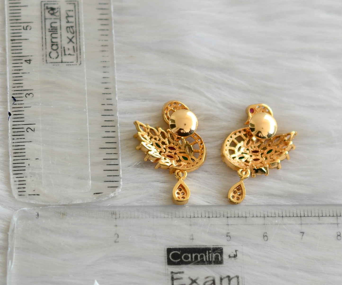 Gold tone cz ruby-white-green stone swan earrings dj-41753