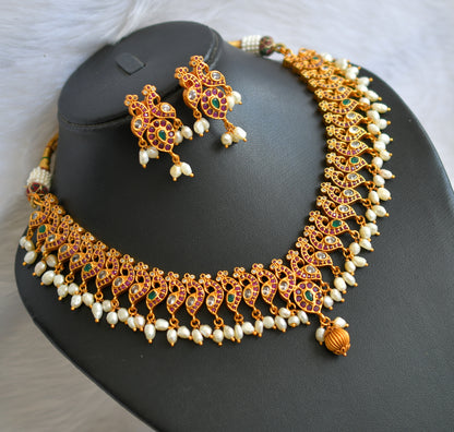 Matte finish ruby-emerald peacock gutta pusalu rice pearls necklace set dj-20157