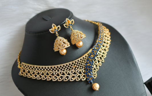 Gold tone cz blue-white choker necklace set dj-19529