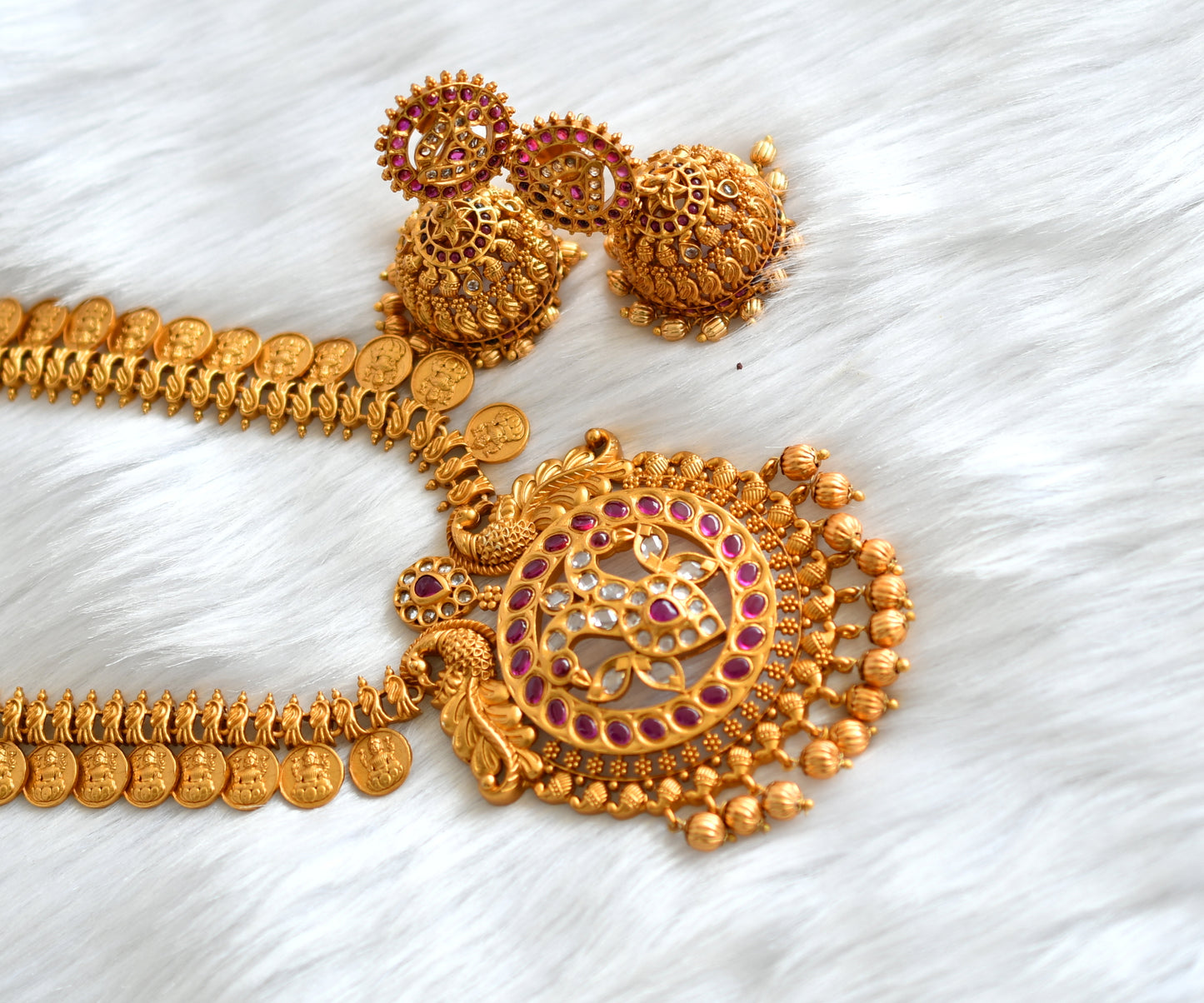 Matte finish ruby Lakshmi coin peacock haar set dj-20153