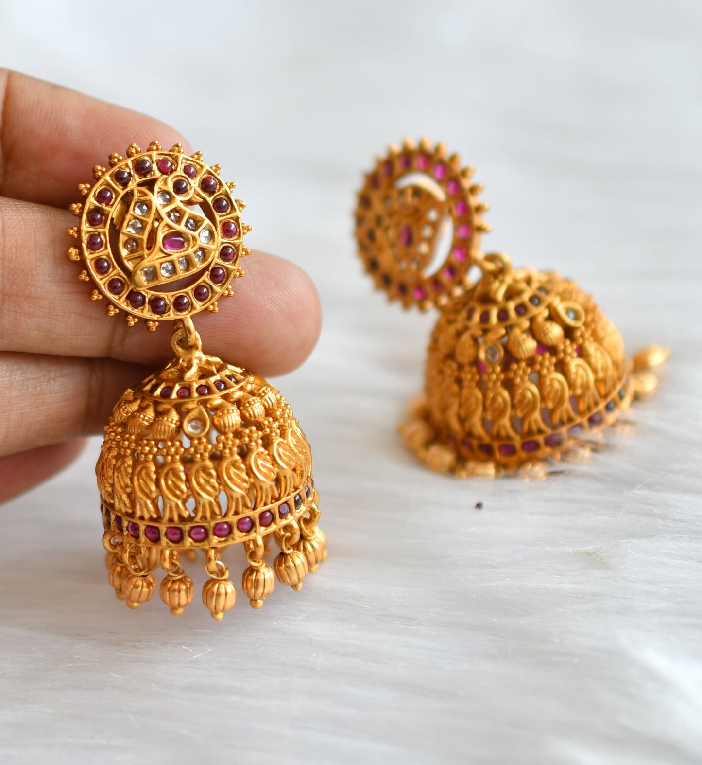 Matte finish ruby Lakshmi coin peacock haar set dj-20153