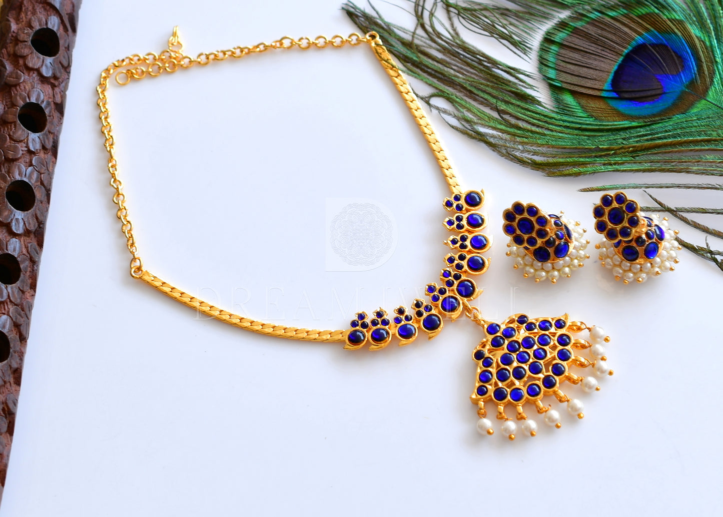 Gold tone blue kemp mango attigai/necklace set dj-34653