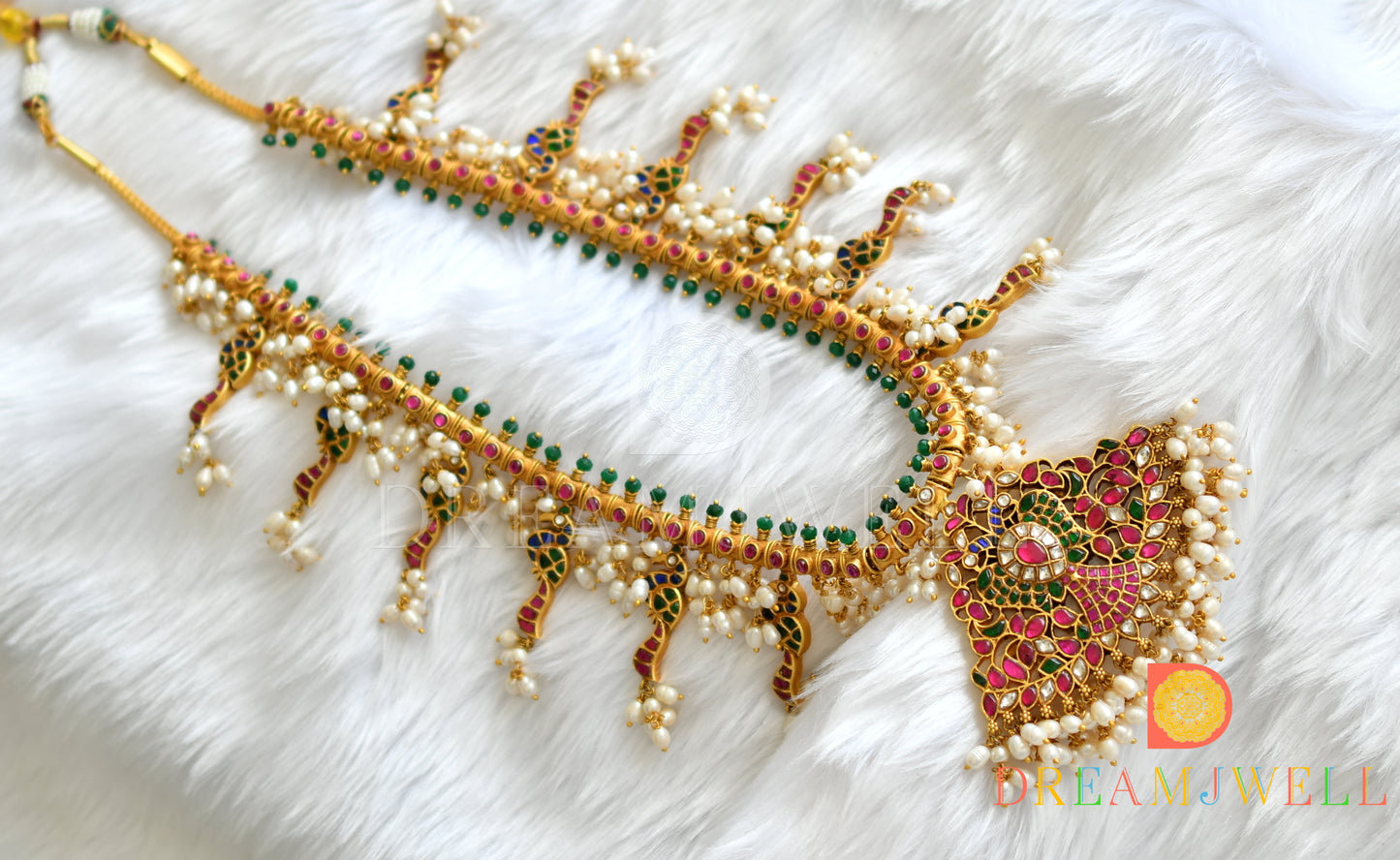 Gold tone pink-green kundan jadau Gutta Pusalu peacock haar dj-38170