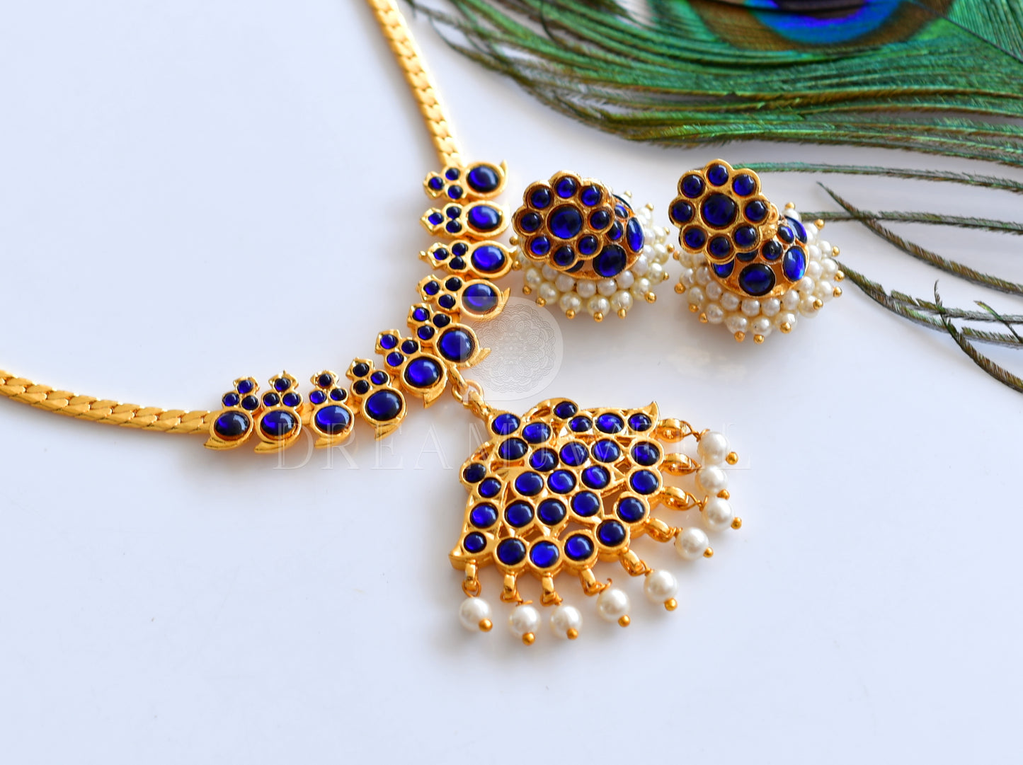 Gold tone blue kemp mango attigai/necklace set dj-34653