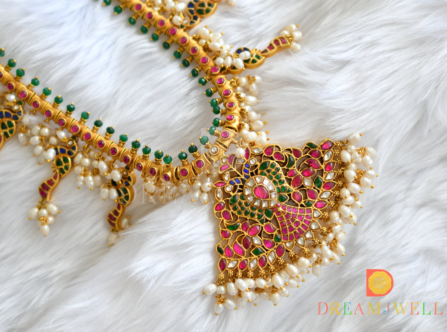 Gold tone pink-green kundan jadau Gutta Pusalu peacock haar dj-38170