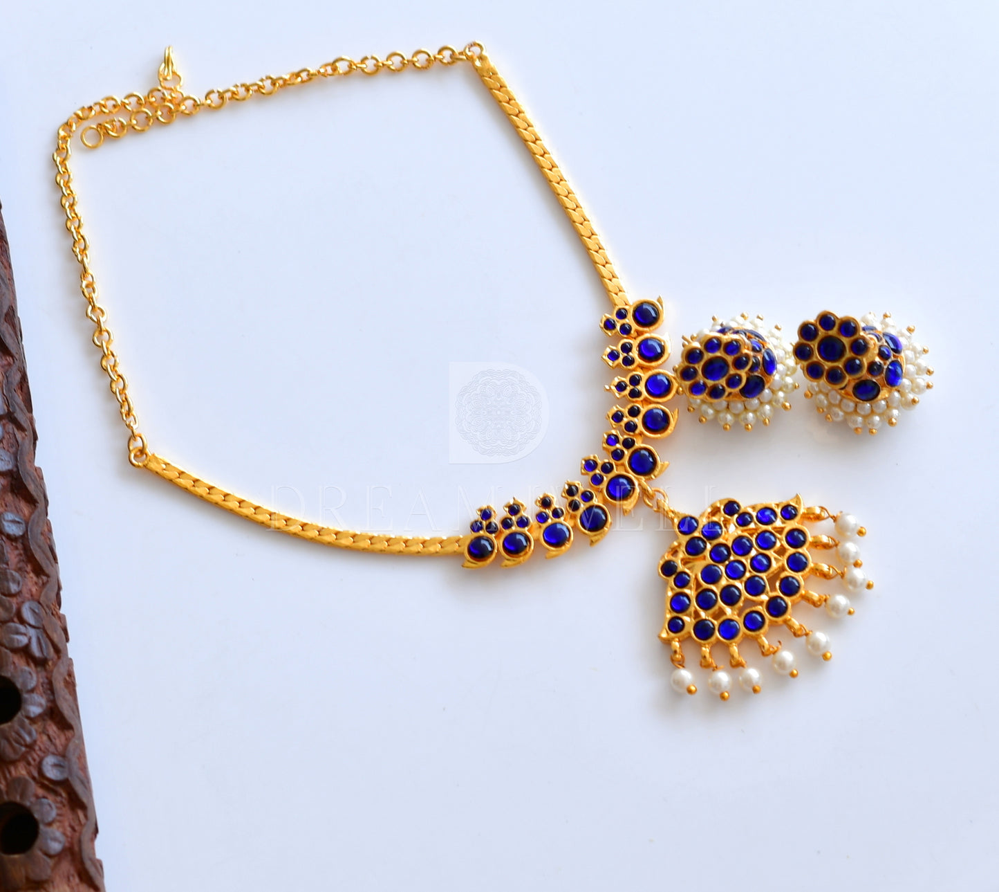 Gold tone blue kemp mango attigai/necklace set dj-34653