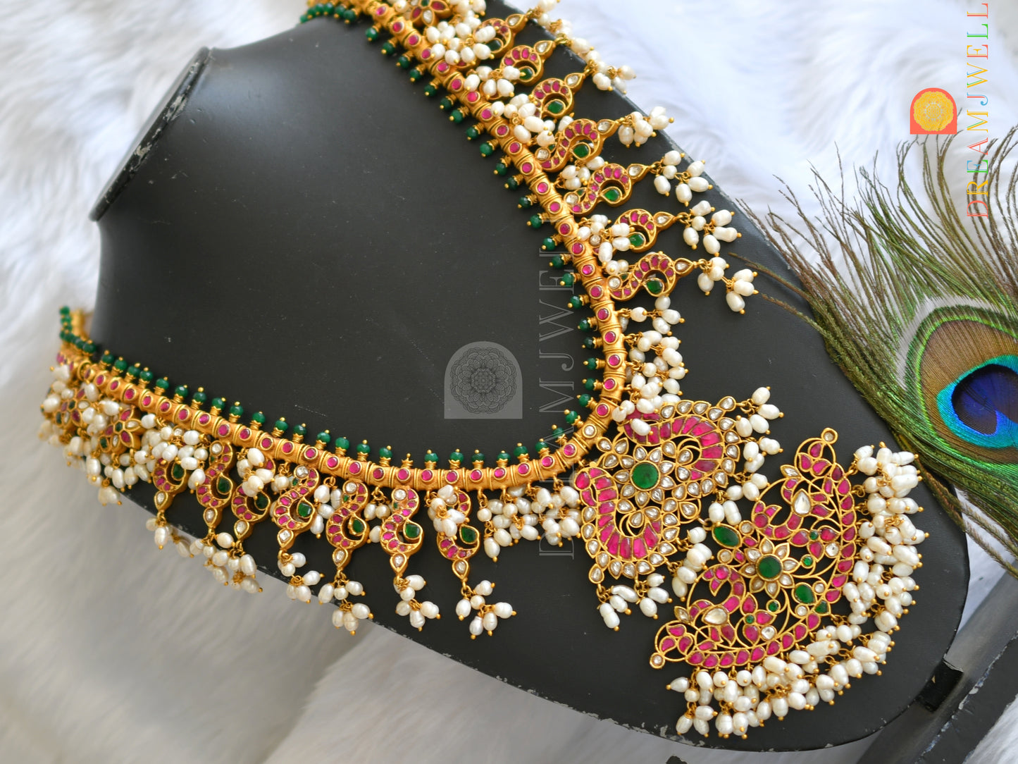 Gold tone pink-green kundan jadau Gutta Pusalu Peacock haar dj-38171