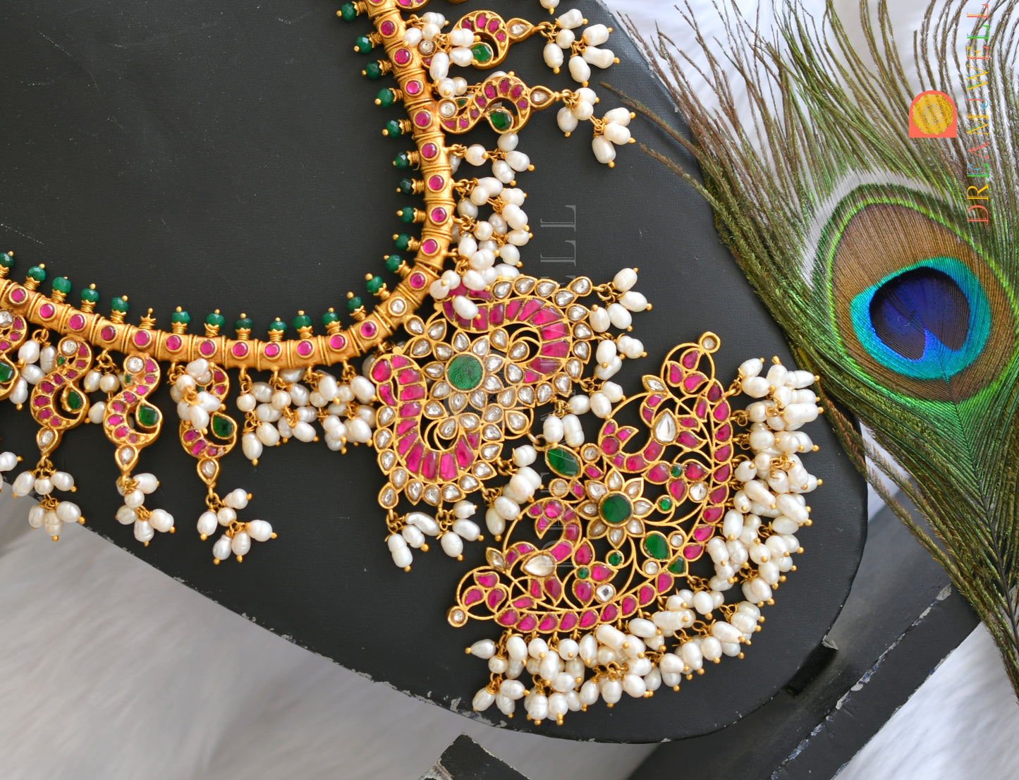 Gold tone pink-green kundan jadau Gutta Pusalu Peacock haar dj-38171