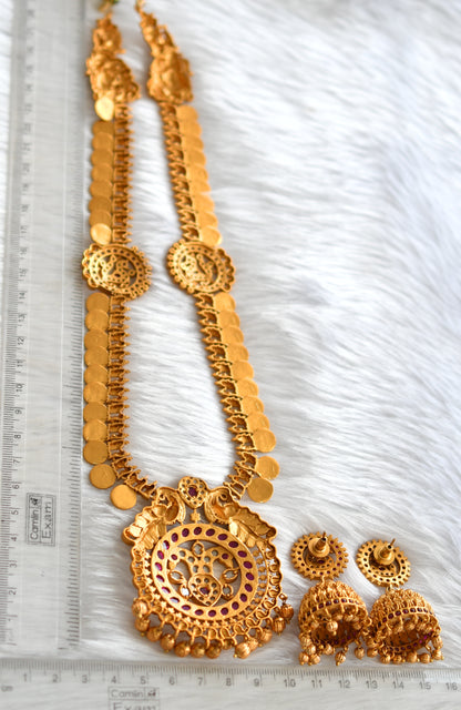 Matte finish ruby Lakshmi coin peacock haar set dj-20153