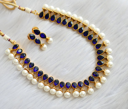 Antique gold tone pearl blue necklace set dj-03535