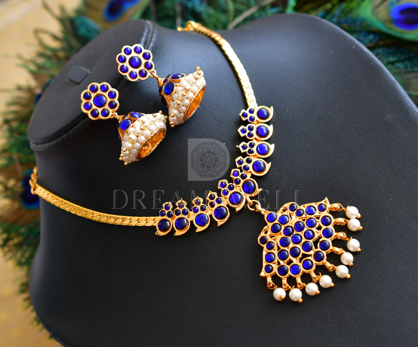 Gold tone blue kemp mango attigai/necklace set dj-34653