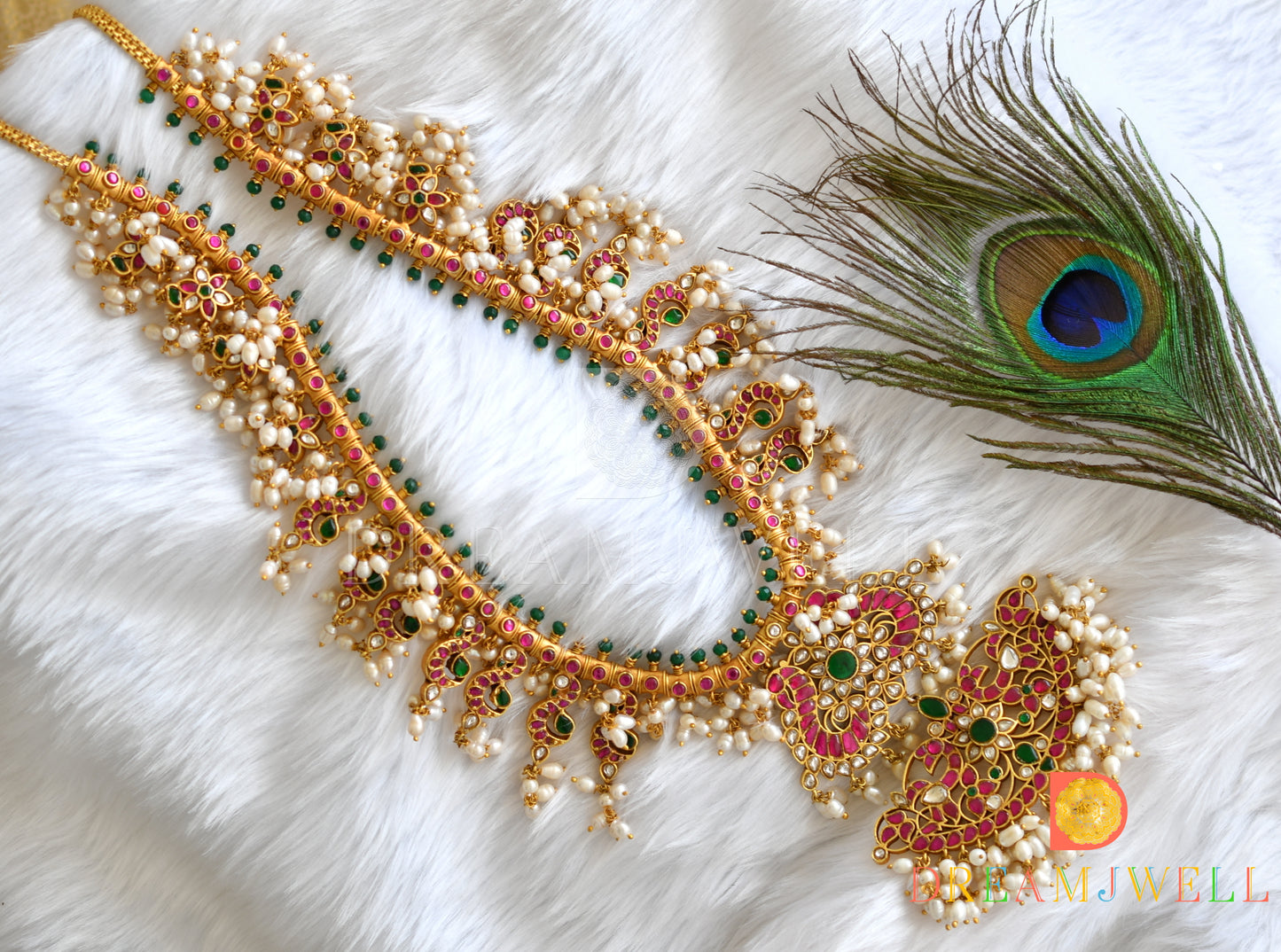 Gold tone pink-green kundan jadau Gutta Pusalu Peacock haar dj-38171