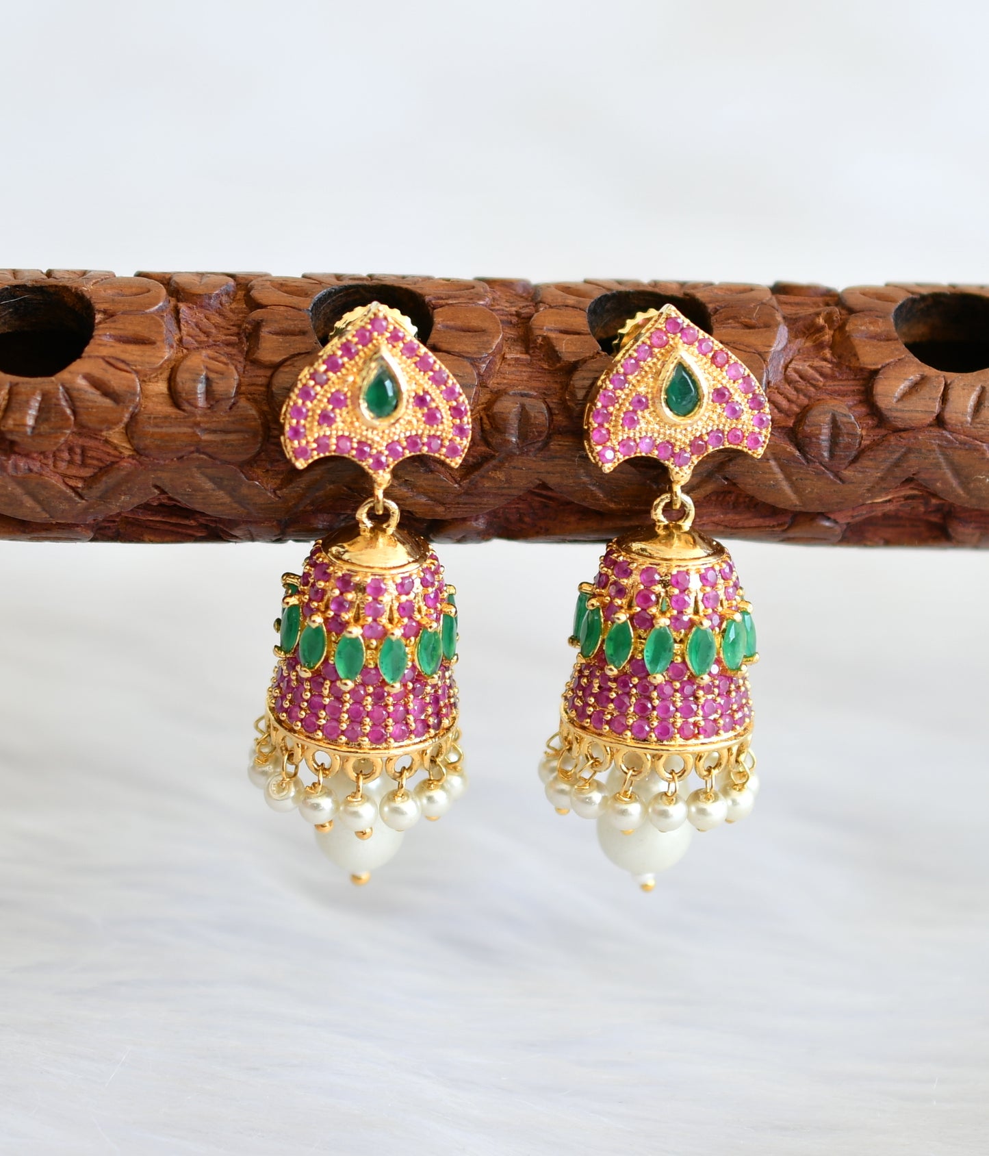 Gold tone ruby-emerald pearl Jhumkkas dj-02259