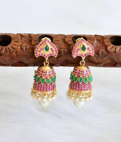 Gold tone ruby-emerald pearl Jhumkkas dj-02259