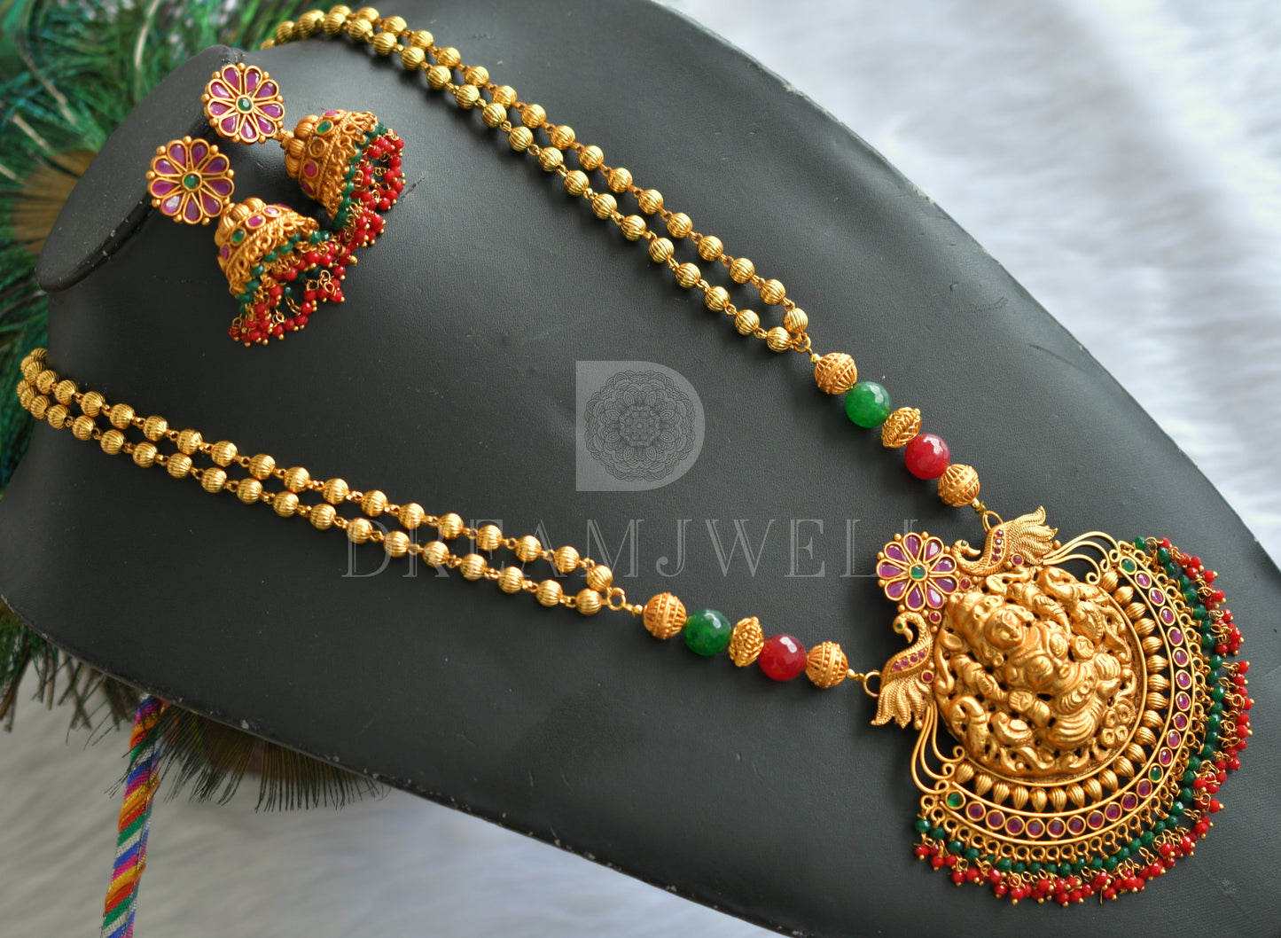 Matte Finish Ruby-emerald Lakshmi Haar Set dj-19751