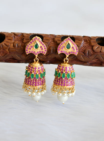 Gold tone ruby-emerald pearl Jhumkkas dj-02259