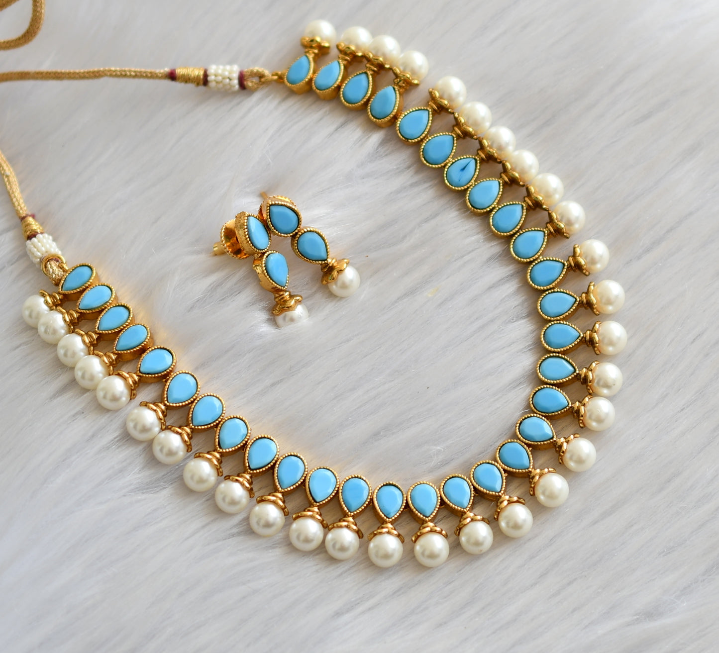 Antique gold tone turquoise blue pearl necklace set dj-03537