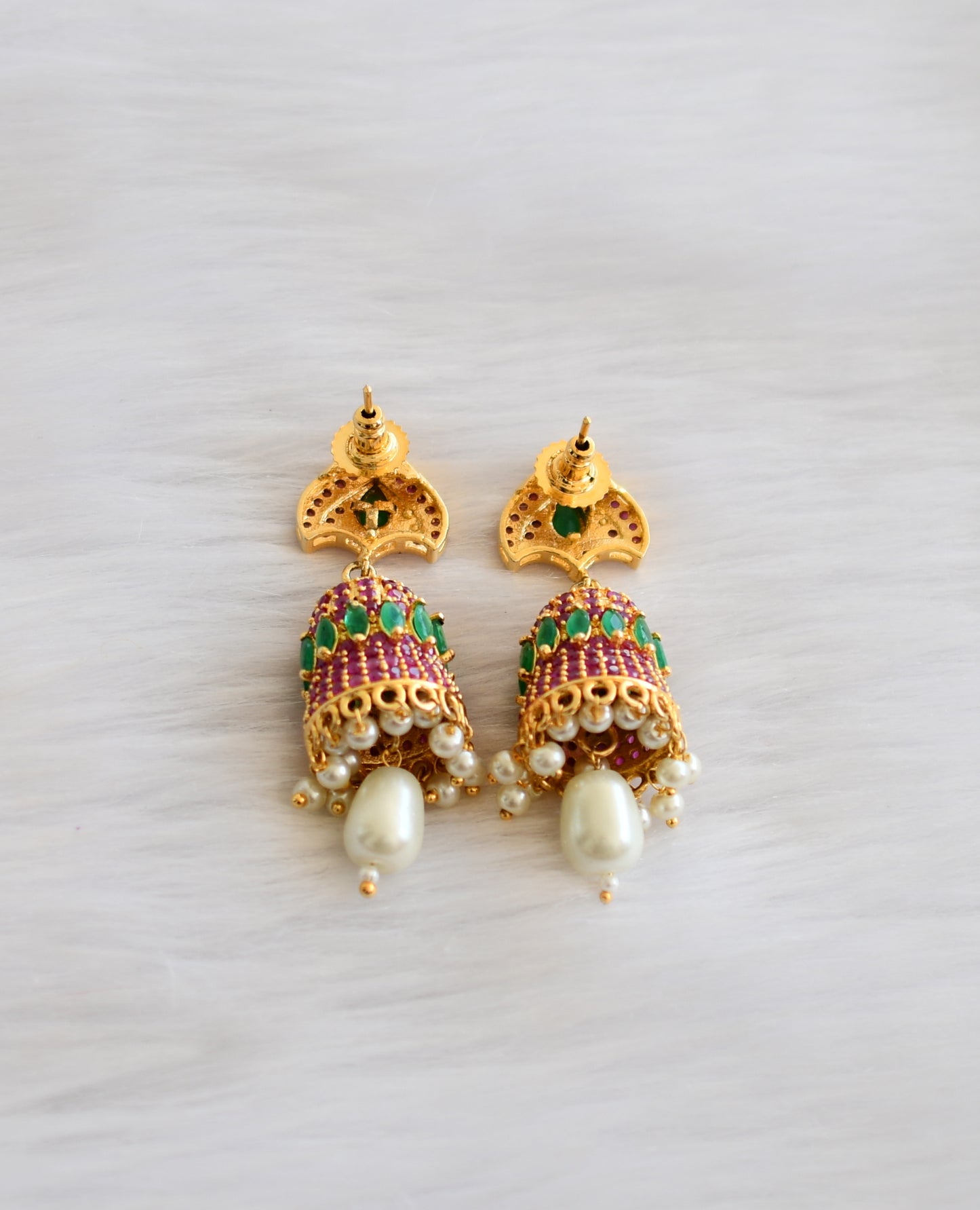 Gold tone ruby-emerald pearl Jhumkkas dj-02259