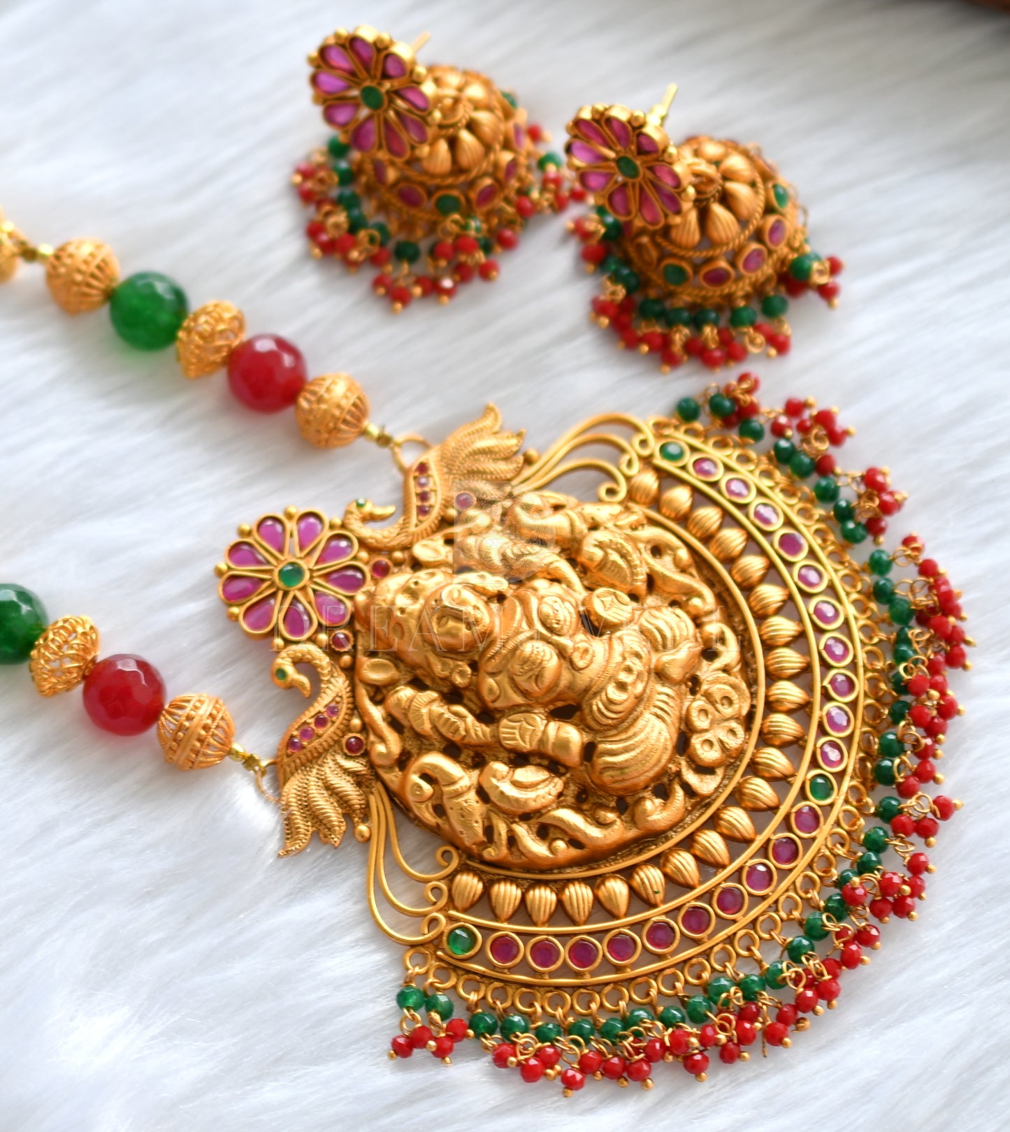 Matte Finish Ruby-emerald Lakshmi Haar Set dj-19751