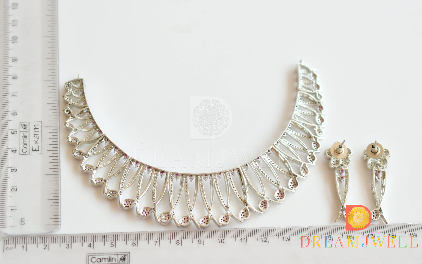 Silver tone ruby-emerald-white stone necklace