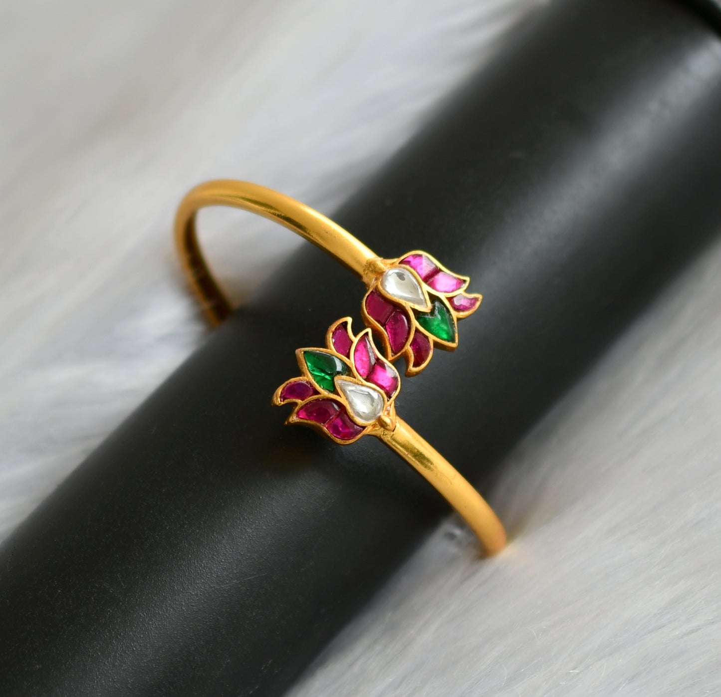 Matte finish pink-green-white kundan jadau Lotus bracelet dj-40437