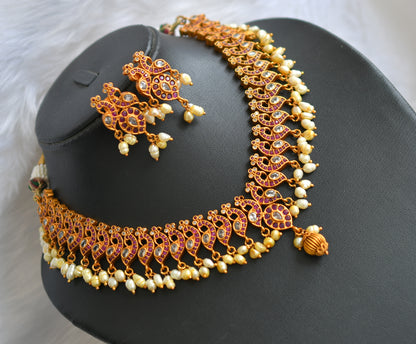 Matte finish ruby peacock gutta pusalu rice pearls necklace set dj-20158