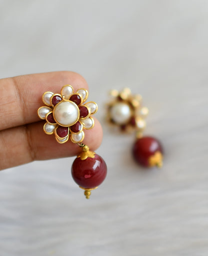 Gold tone maroon pachi pendant pearl necklace set dj-03561