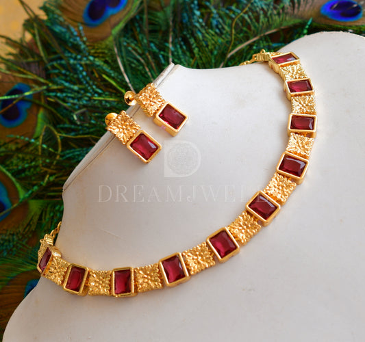 Gold tone magenta pink block stone sufi necklace set dj-34916